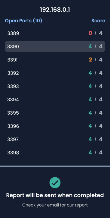 RDP Inspector scan result showing open ports and security scores